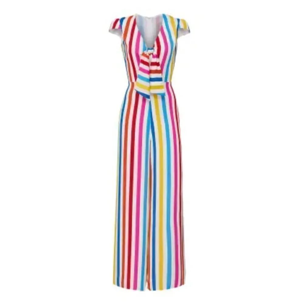 Color me Courtney rainbow multi stripe Sheree cap sleeve wide leg jumpsuit